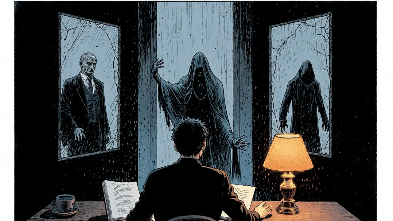 Osoba zapisuje sny, z jejich stránek vystupují stíny podvědomí.