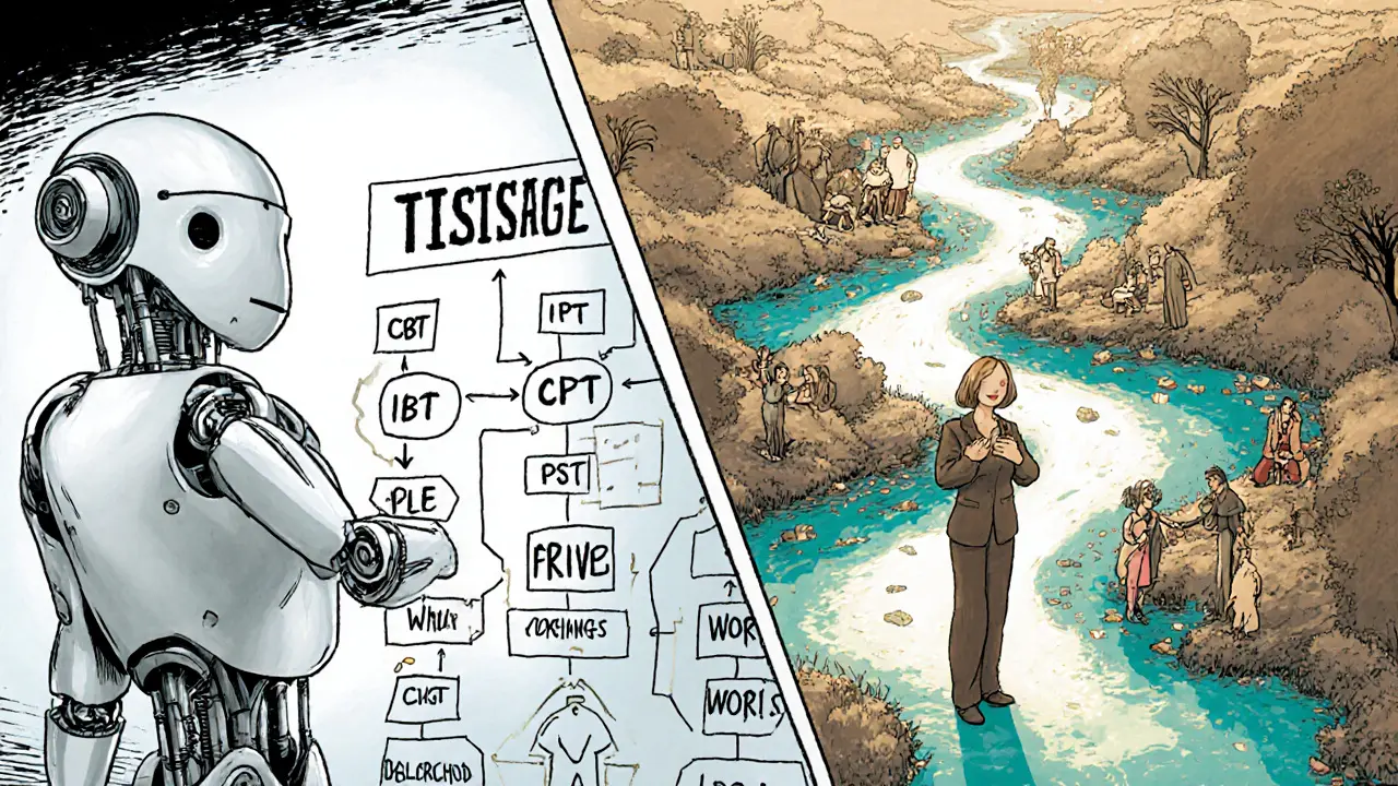 Rozdělený scénář: mechanický terapeut proti lidskému terapeutovi, který následuje důkazy a osobní potřeby klienta.