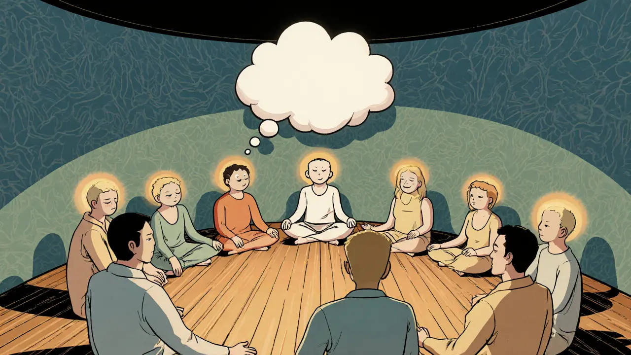 Skupina lidí společně medituje v kruhu, terapeut je vedoucí, myšlenky plavou nad jejich hlavami jako obláčky.
