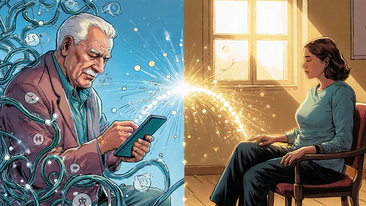 Starší muž přechází od technologie k osobnímu kontaktu, mezi nimiž je světelná cesta spojující digitální a lidské světy.