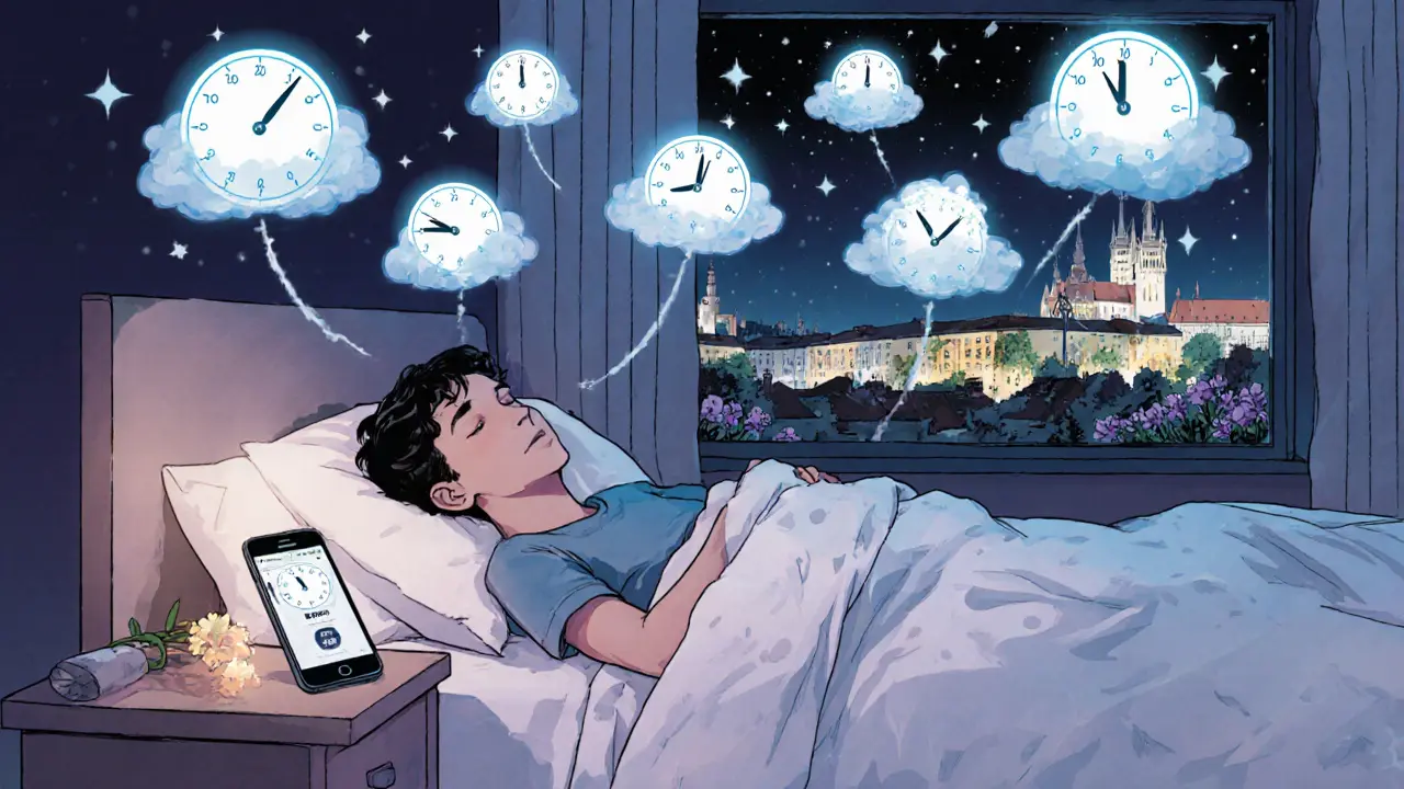 Studentka dýchá v posteli, její dech je znázorněn jako pomalé kruhy, které mění stres na květiny.