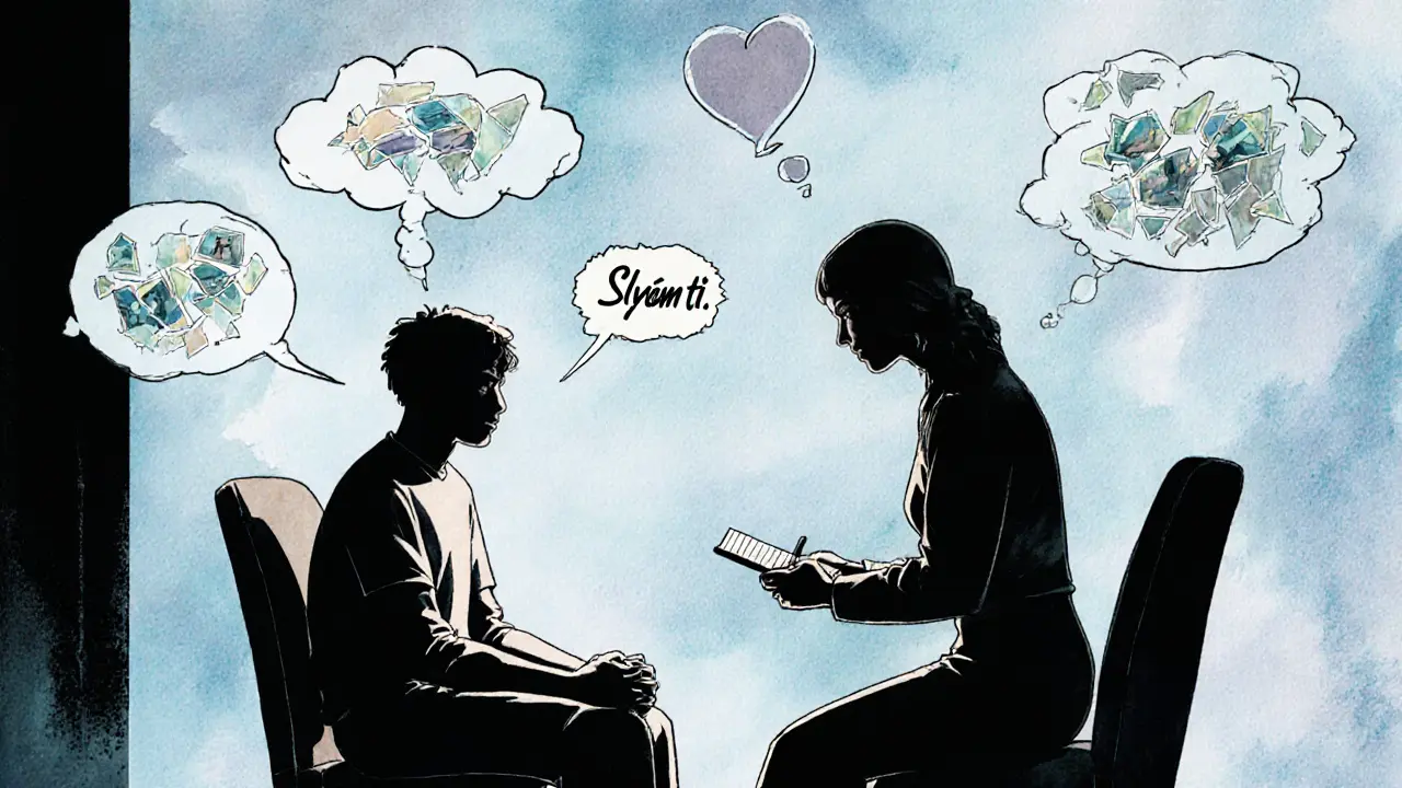 Terapeut a klient sedí naproti sobě, spojení mezi nimi vytváří jemnou energii, symbolizující poslech a přítomnost.