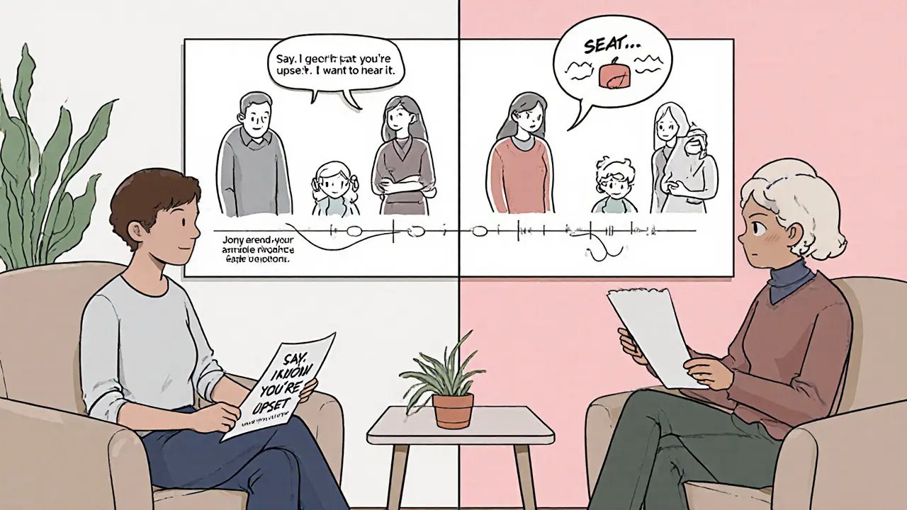 Terapeut a klient společně sledují jednoduchý úkol komunikace v rodině, symbolizovaný papírem s větou.