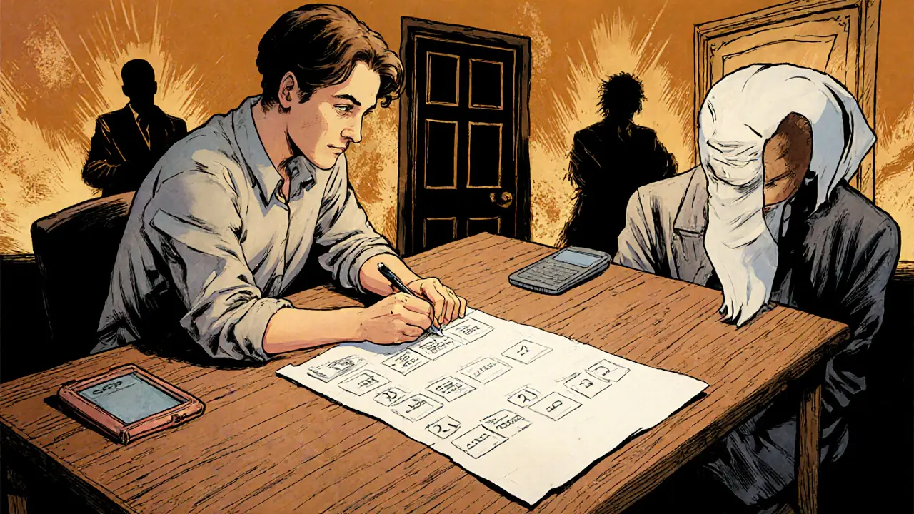 Terapeut a pacient společně vytvářejí krizový plán na papíře, za nimi se rozptýlí stíny minulých bolestí.