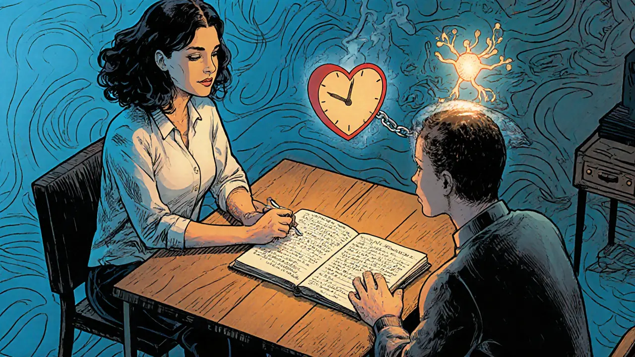 Terapeut a pacientka sedí u stolu, sledují jídelní deník, nad hlavou pacientky se objevuje dopaminový neuron.