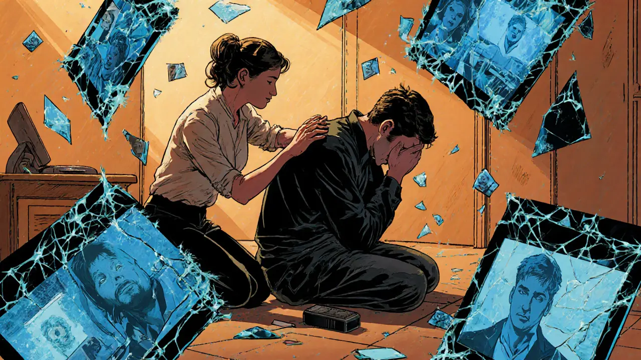 Terapeut klečí vedle muže na zemi, drží ho za rameno, zatímco kolem nich plavou rozbité obrazovky online terapie.