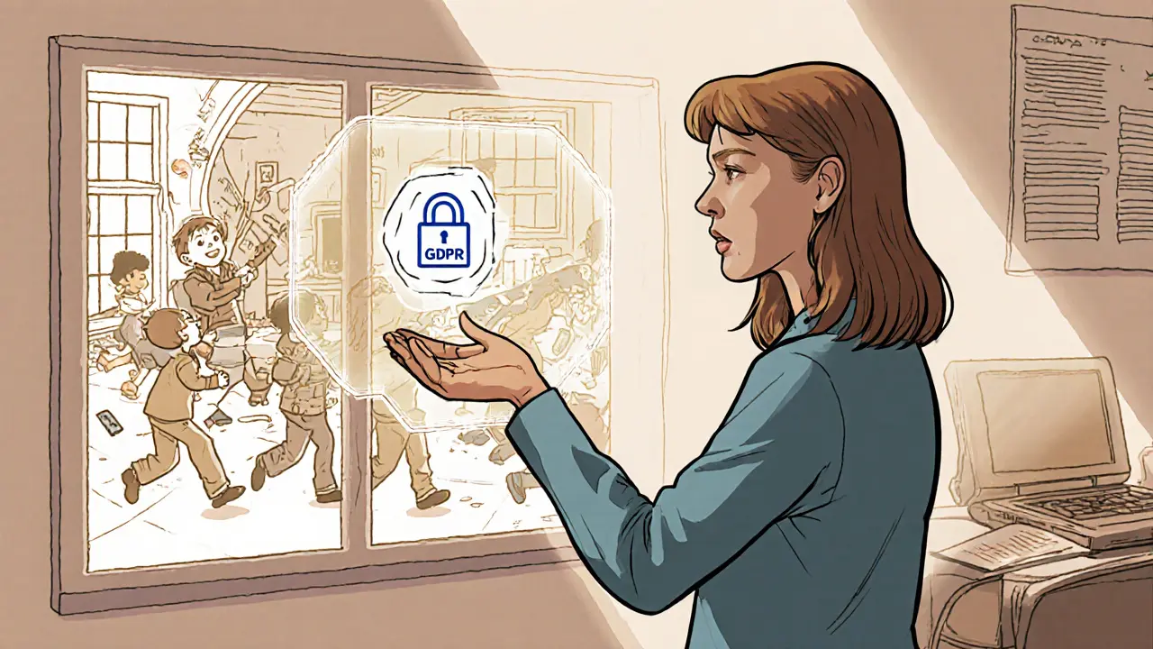 Terapeut ukazuje na bezpečnou platformu, zatímco nebezpečné prostředí v pozadí mizí.