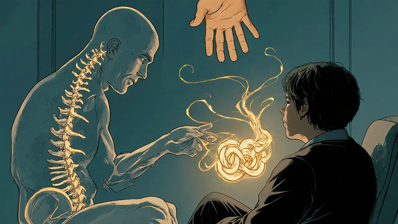 Terapeut uvolňuje napětí v těle pacienta pomocí zlatého světla, které rozplétá tělesné uzly.