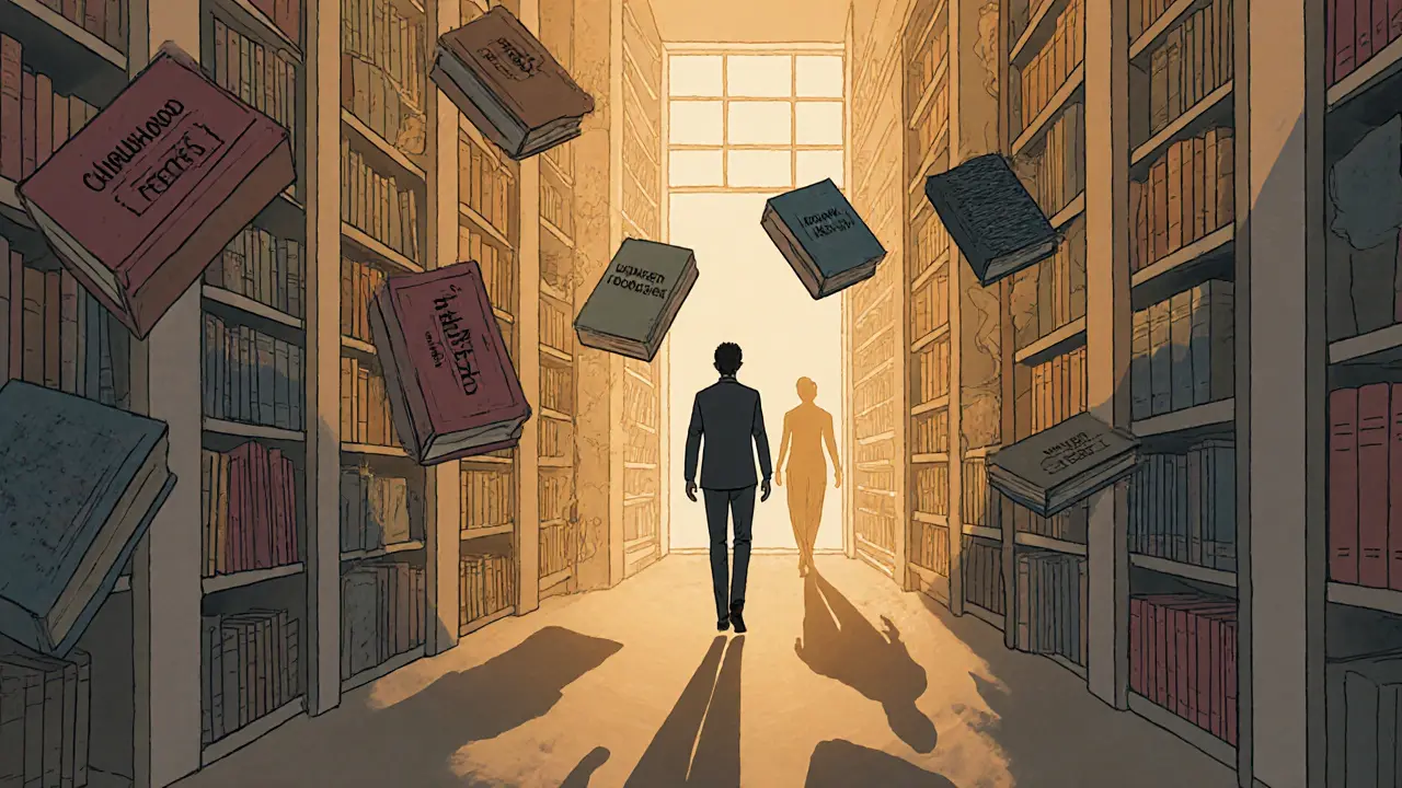 Terapeutický prostor jako laboratoř pamětí s plujícími knihami a stínami minulosti.