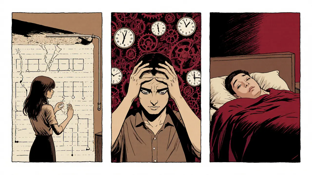 Tři lidé prožívají různé emoce: úzkost, vyhoření a únavu ve vlastních scénách.