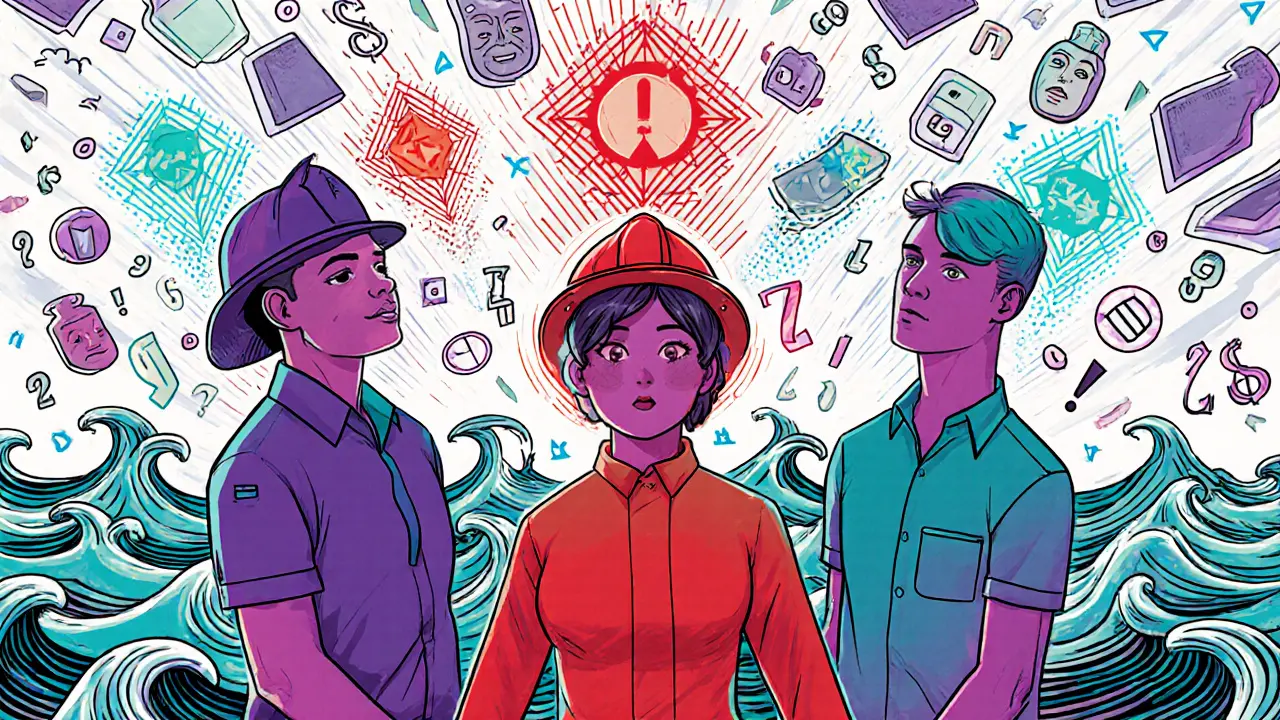 Tři profesionálové dýchají v kruhu, jejich dechy vytvářejí barvité vzory, které mění stres na klid.