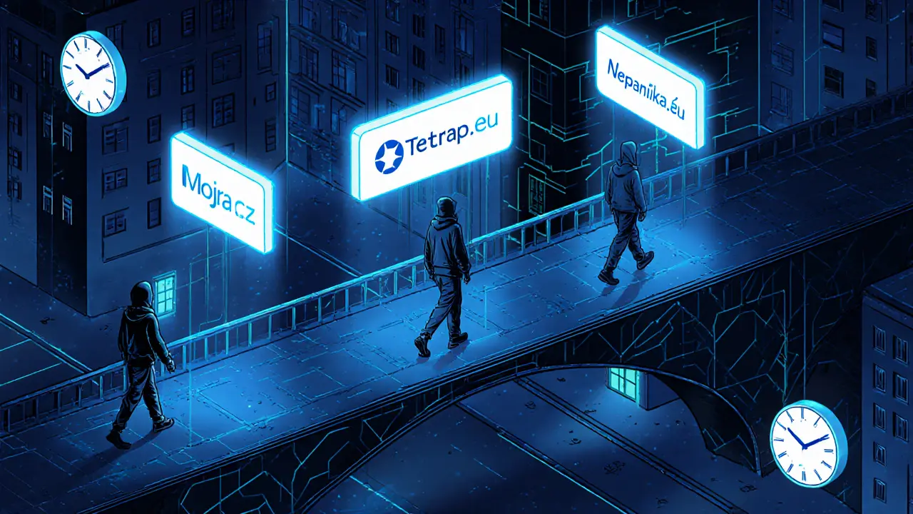 Tři terapeutické platformy jako neonové značky nad nočním městem, anonymní klienti kročí po mostech.