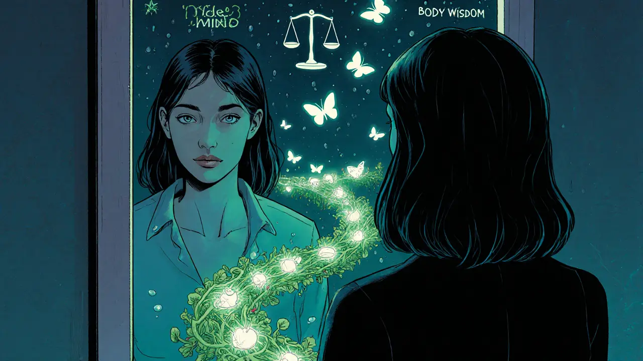 Žena před zrcadlem s dvěma odlišnými odrazmi: jedna znázorňuje dietu, druhá tělesnou vědomost.