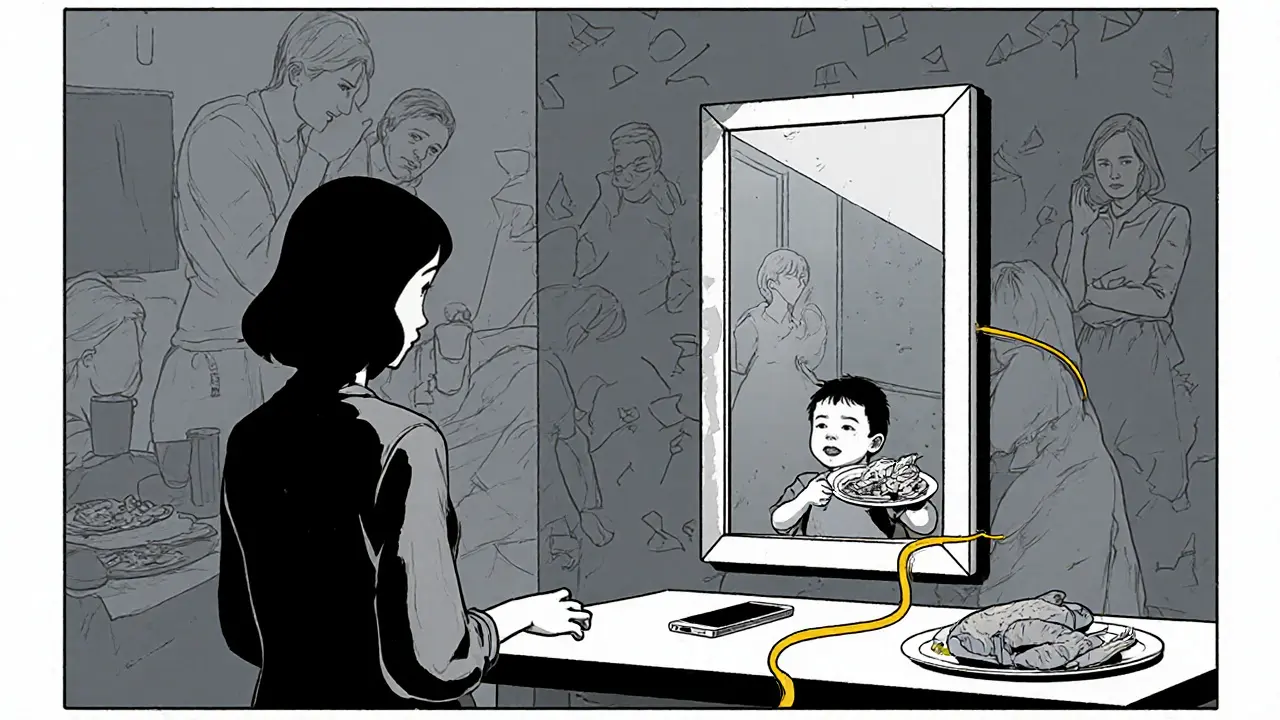 Žena se dívá do zrcadla, kde místo sebe vidí dítě s talířem, za ní se vynořují stíny rodiny.