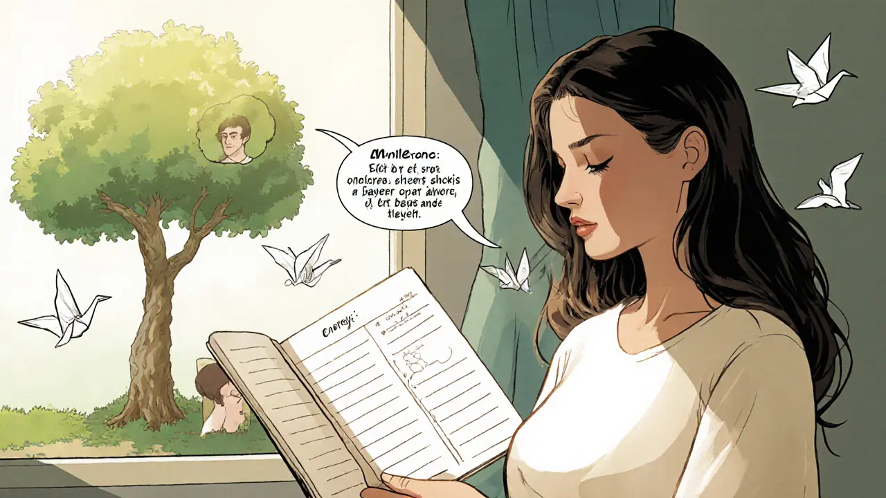 Žena vede deník energie, za ní roste strom – malé kroky vedou k hluboké změně.