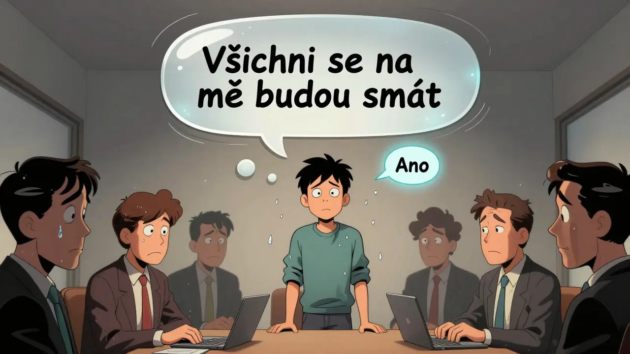 Člověk mluví jednu větu na schůzce, přes něj se třpytí strach z kritiky.