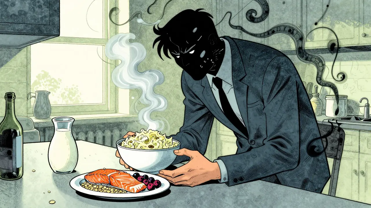 Člověk v kuchyni jí kefír a lososa, zatímco stres se mění v kouř, přírodní potraviny září.