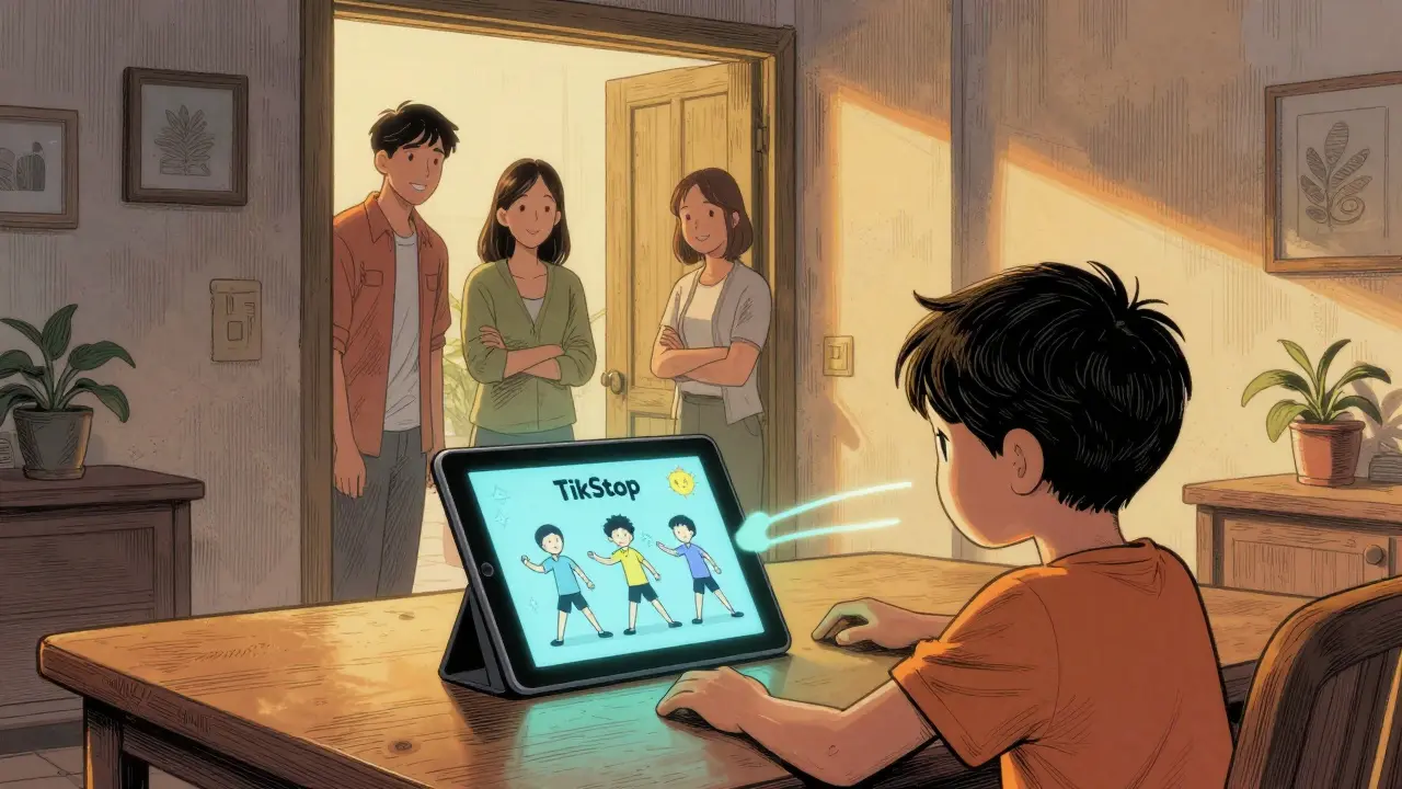 Dítě doma cvičí s aplikací TikStop, rodina ho podporuje.