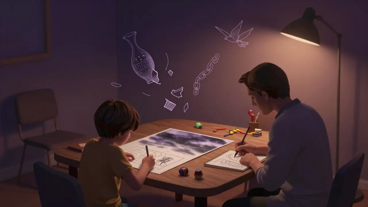 Dítě kreslí bouřku, terapeut kopíruje jeho kresbu, kolem vznikají symboly úlevy.