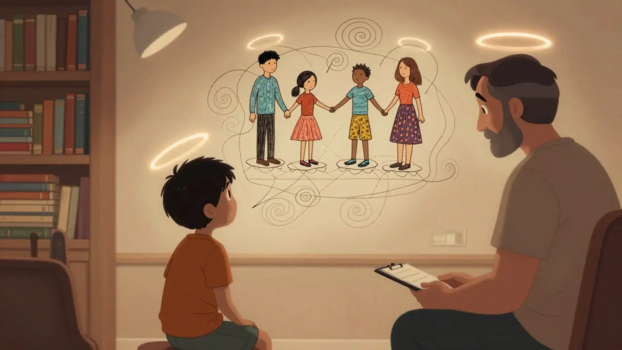 Dítě, rodič a terapeut sedí spolu, nad nimi plavou spojené ruce a srdce.