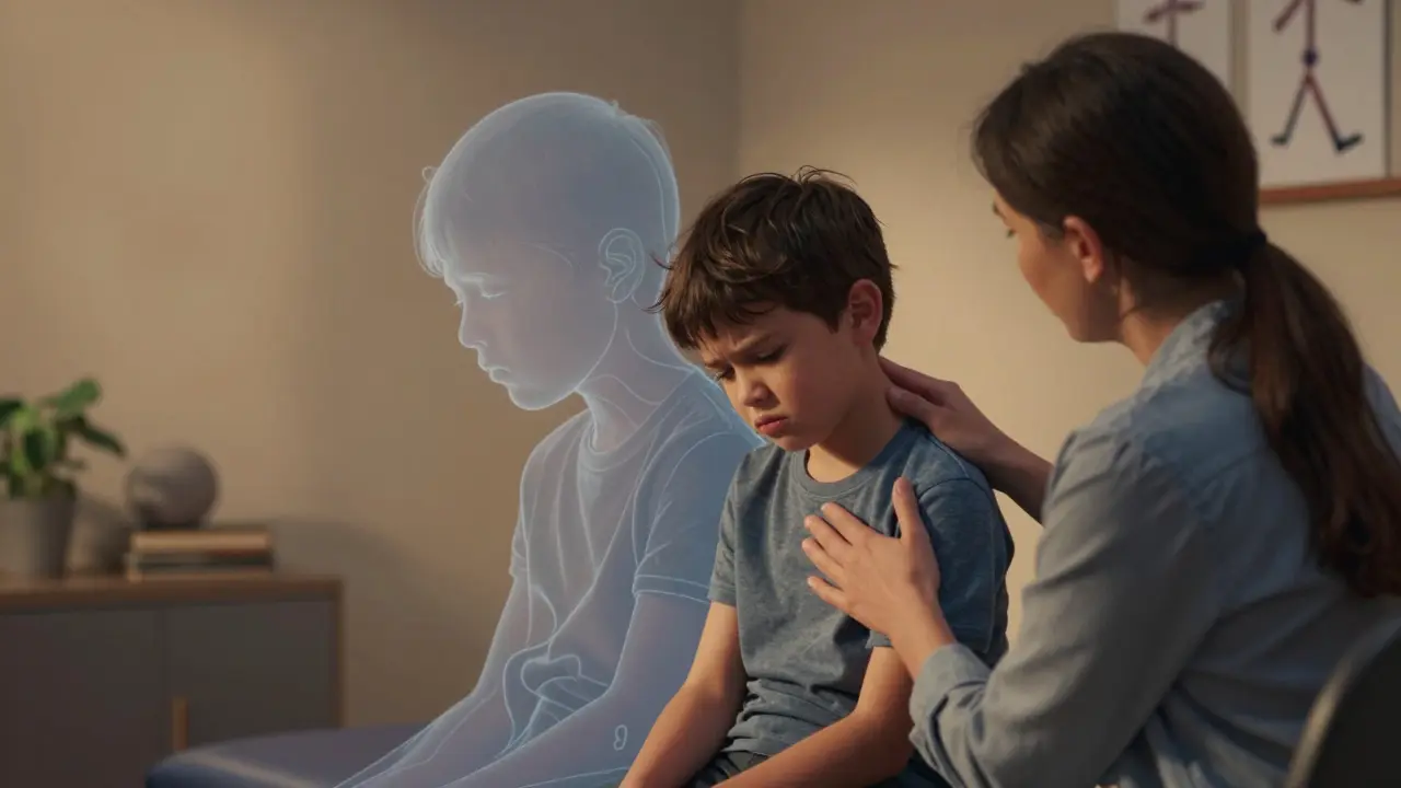 Dítě s terapeutem provádí protipohyb proti tiku hlavy.