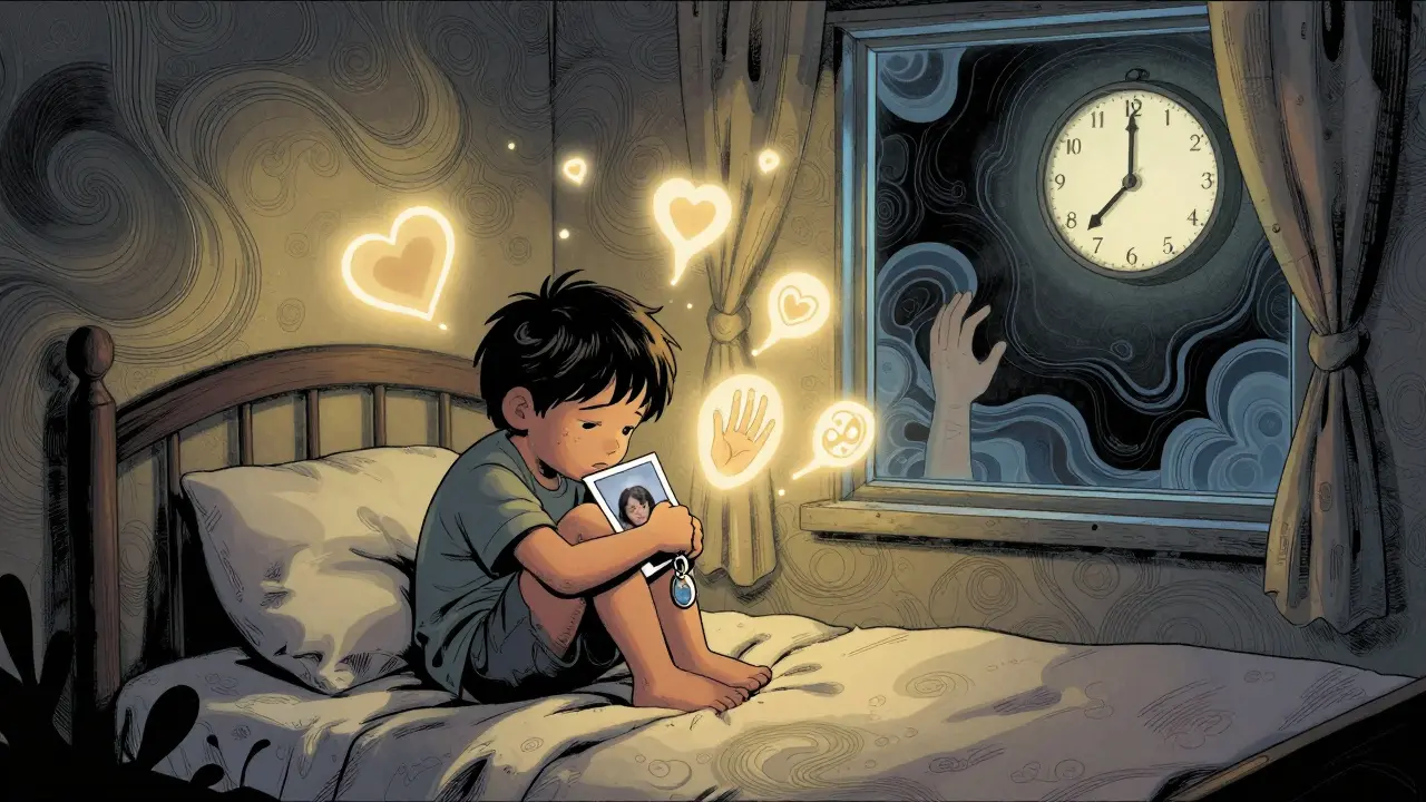 Dítě se drží fotky a klíče v posteli ve tmě, kolem něj plavou světlé symboly lásky.