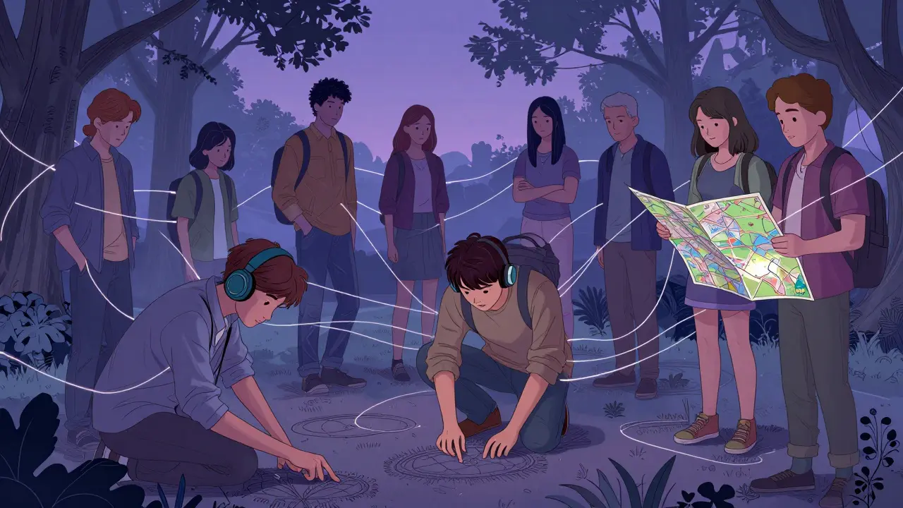 Dospělí s PAS v parku spojení neviditelnými linkami, symbolizujícími skrytou komunikaci.