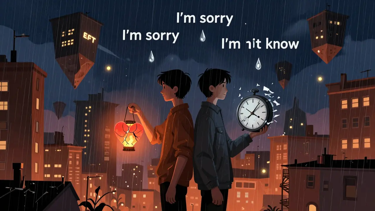 Dva lidé stojí zády k sobě ve vichřici, drží symboly zlomeného srdce a rozbitého hodin.