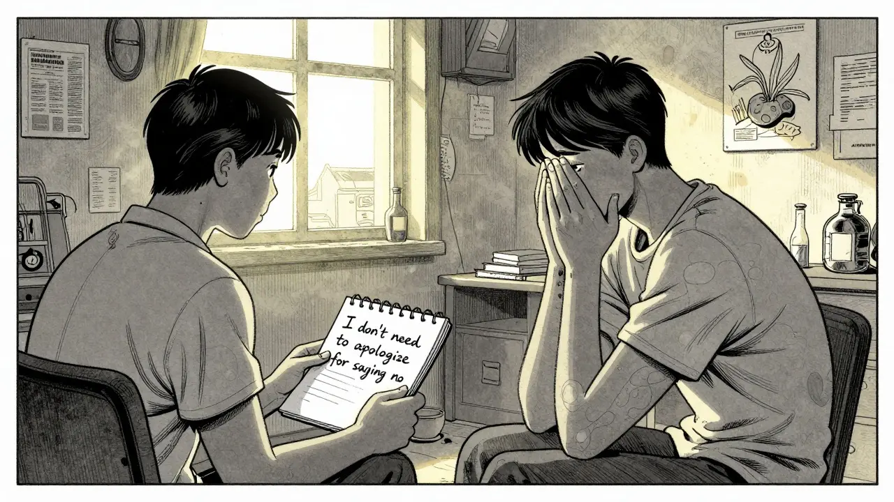 Dva lidé v terapii: jeden drží sešit s pozitivními změnami, druhý přikyvuje s empatií.