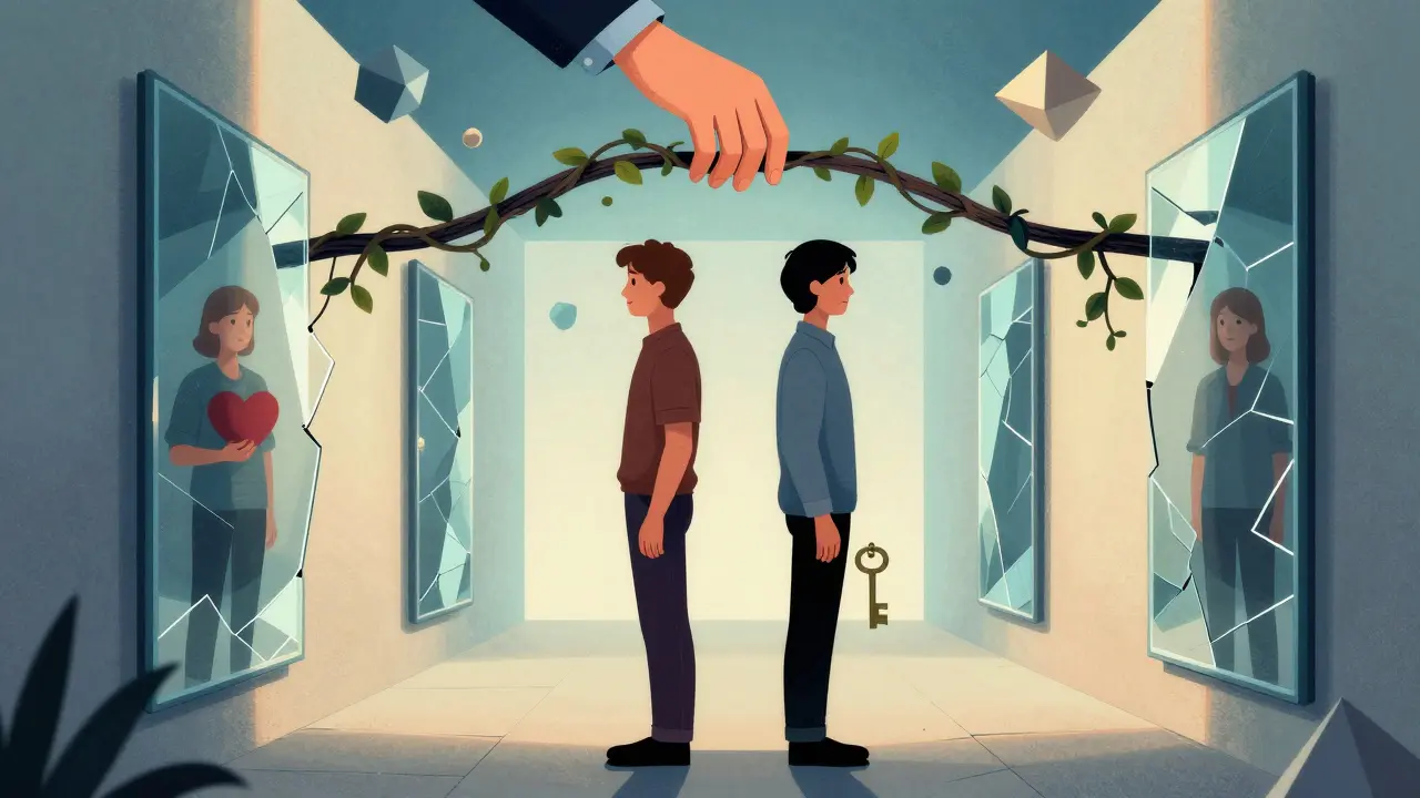 Dvě postavy v zrcadlovém chodbě s mostem z lián spojujícím jejich cesty.