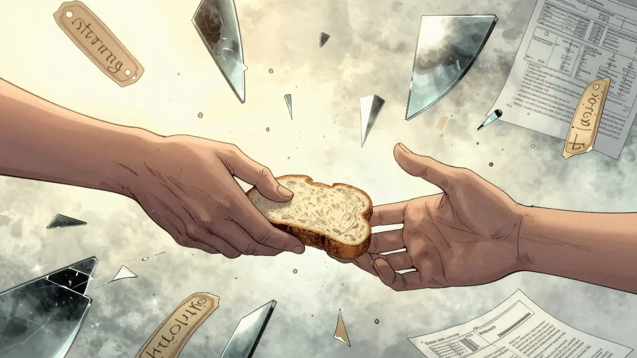 Dvě ruce se setkávají u kusu chleba, kolem nich se rozpadají zrcadla a nápisové štítky.