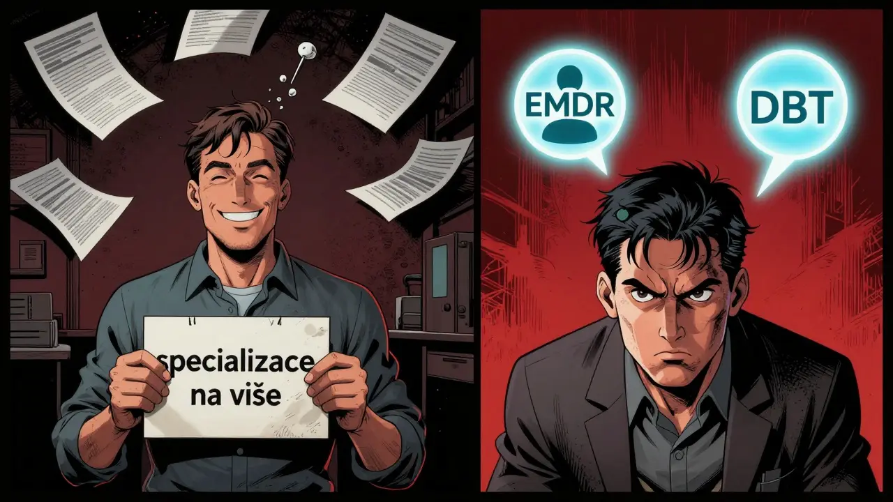 Dvě verze terapeuty: jedna s obecným popisem, druhá s potvrzenými metodami.