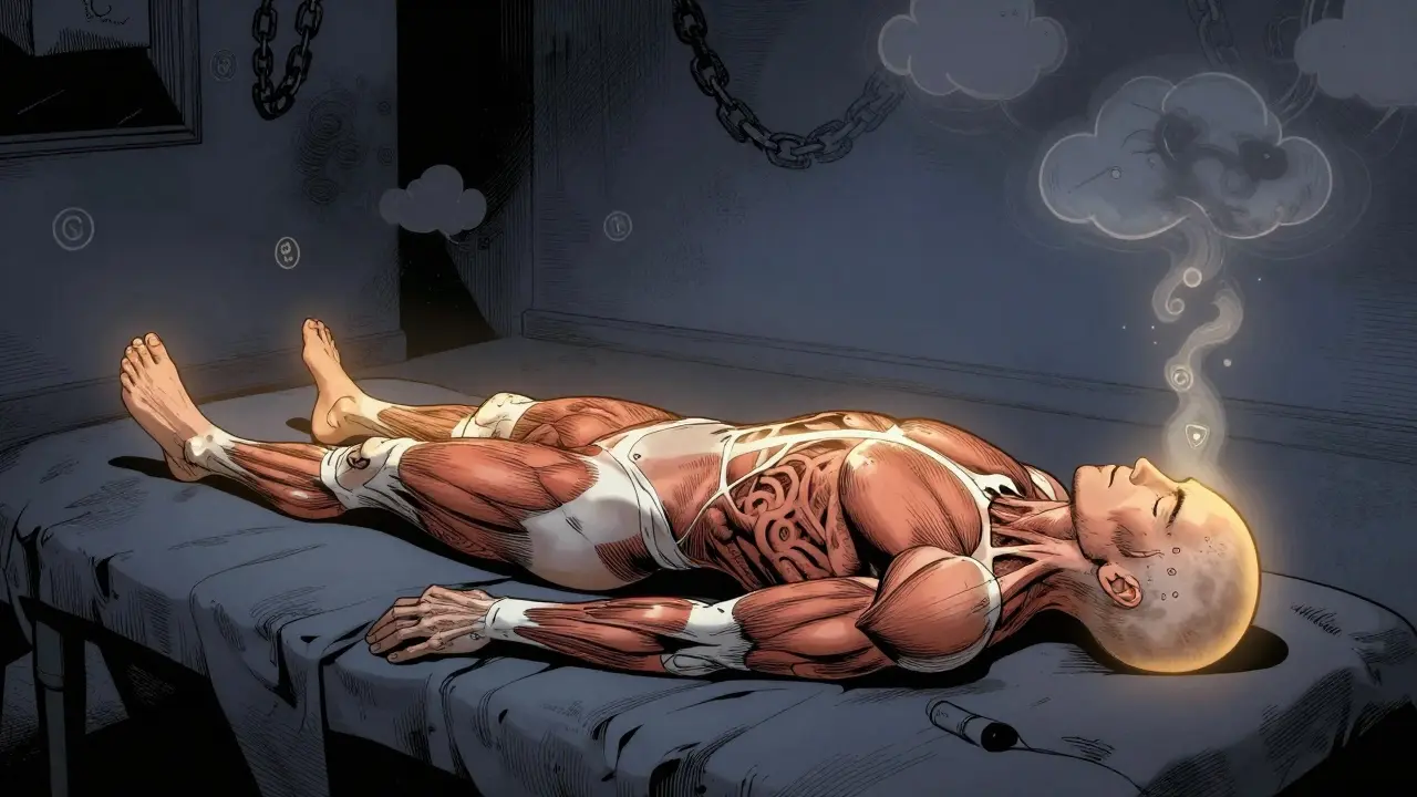 Klient leží na zádech, světelná cesta prochází jeho tělem od nohou k hlavě, září v každé části.