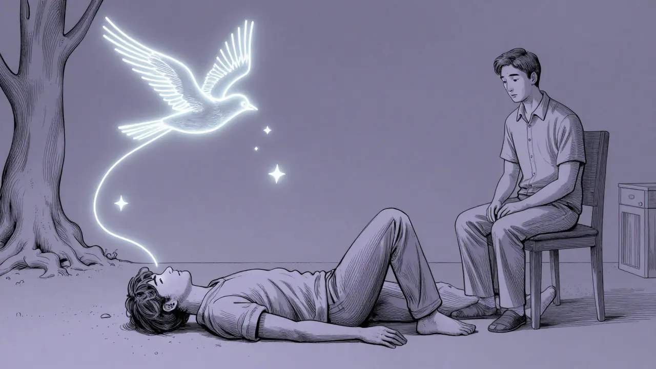 Klient pomalu vstává z podlahy, jeho pohyb vytváří světelné symboly.