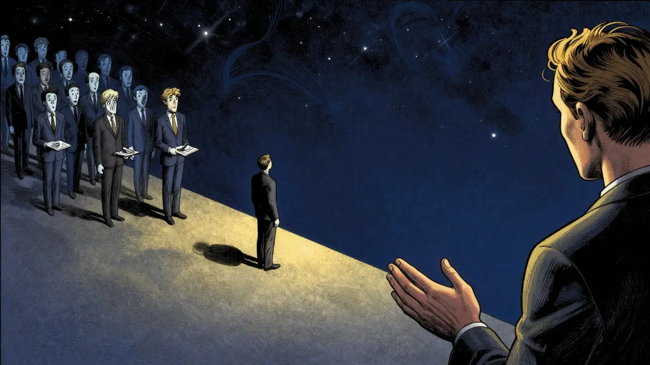 Klient v temné vesmírné prázdnině, jeho stín se dělí na více věření, terapeutově ruka se blíží, ale nedotýká se.