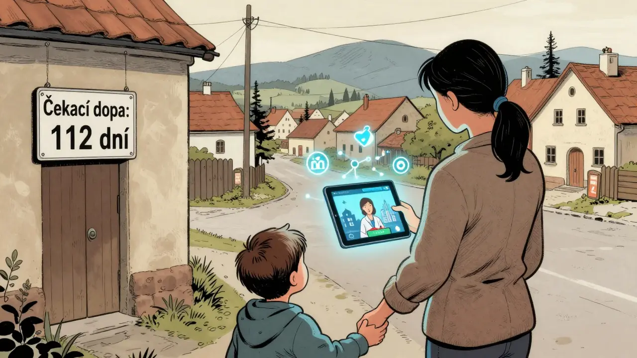Matka s dítětem se připojuje k online terapeutovi z venkovské vesnice, zatímco na dveřích kliniky je dlouhá čekací doba.
