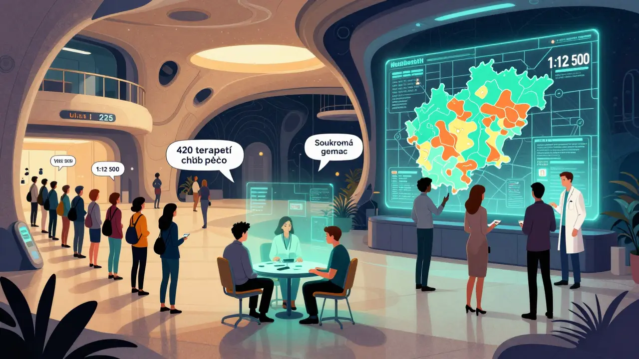 Moderní centrum duševního zdraví v Praze s rozdílnými frontami pro veřejnou a soukromou péči, znázorněné v komiksové stylizaci.