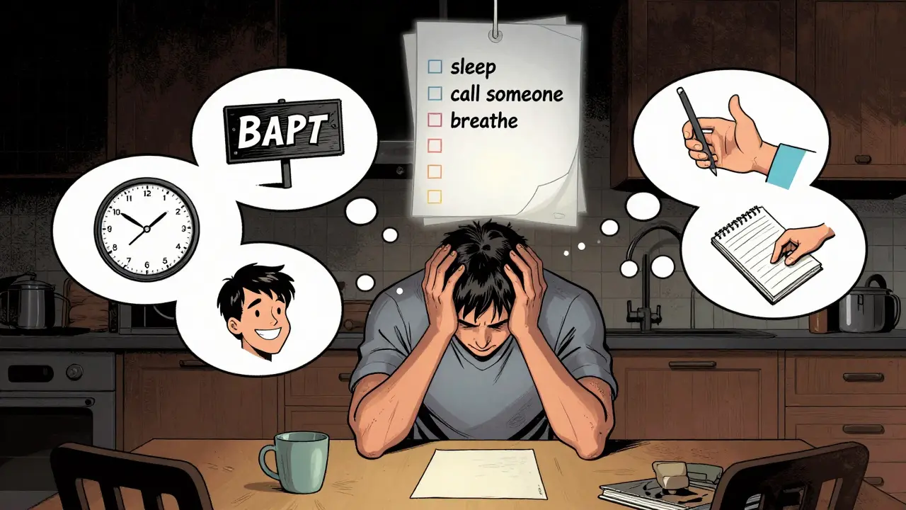 Muž v kuchyni okružený myšlenkami, nad ním se objevuje kontrolní seznam pro prevenci relapsu.