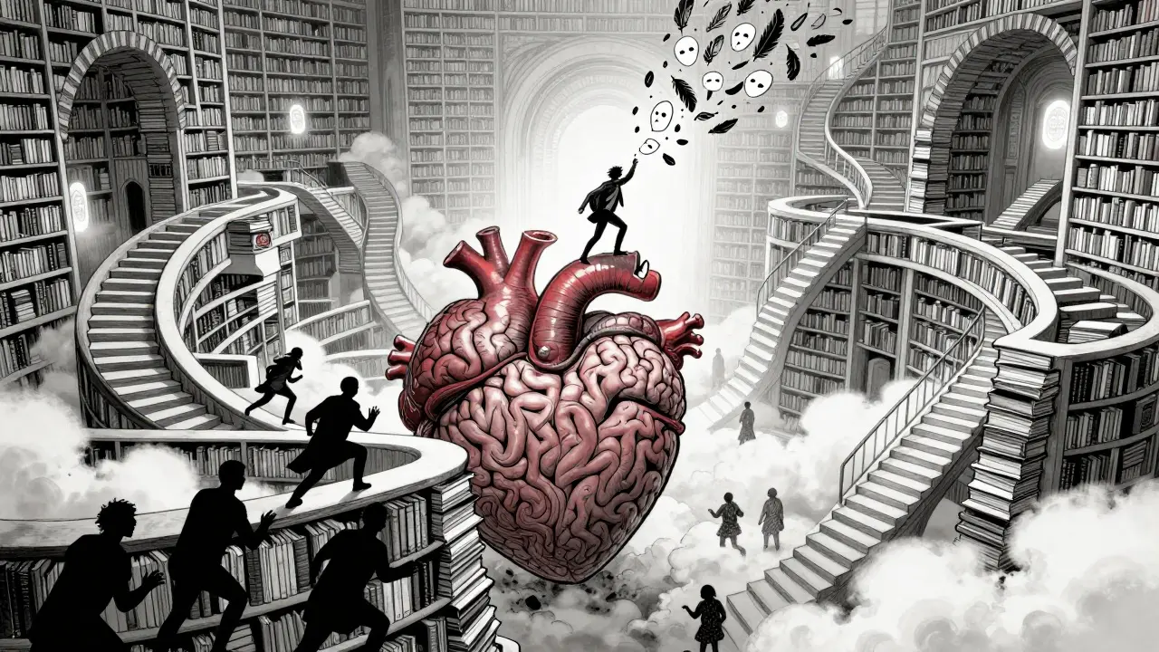 Obrovská knihovna tvaru srdcí a mozku, kde se člověk vzdaluje od svých mask.