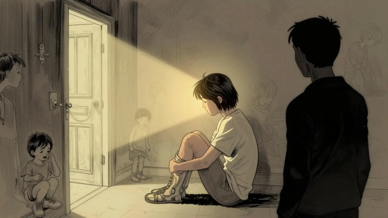 Osamělá osoba v osvětlené místnosti s průhlednými vzpomínkami z dětství.