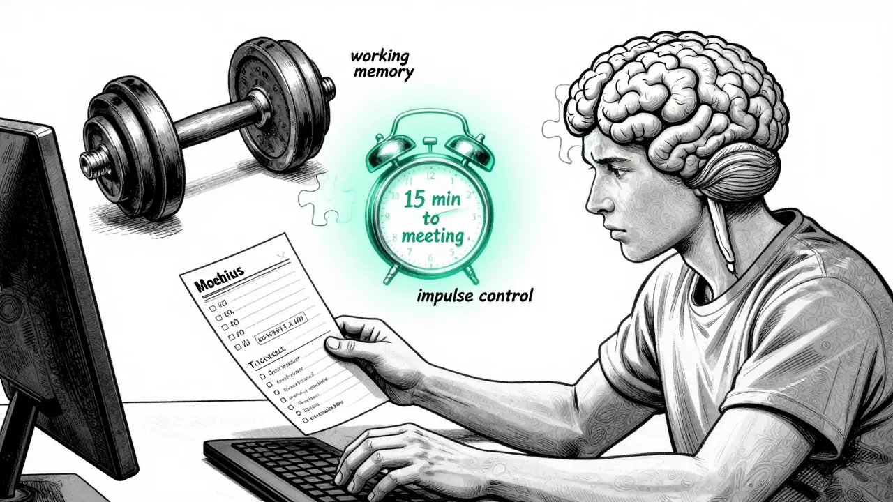 Osoba cvičí kognitivní funkce, kolem ní jsou vizuální symboly paměti, kontroly impulzů a alarmu.