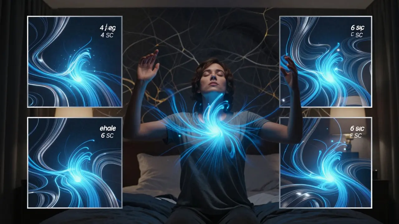Osoba dýchá v posteli, okolo ní se objevují kroky dechového cvičení jako světelné vlny.