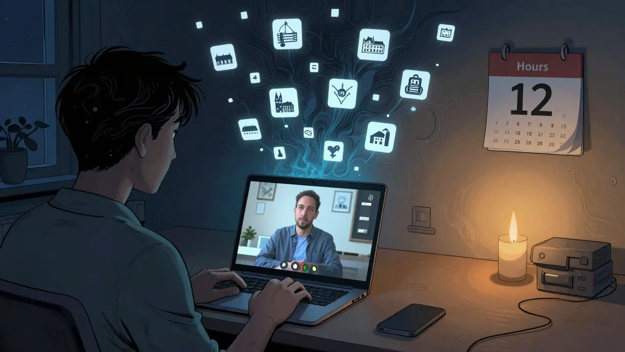 Osoba má online sezení s terapeutem přes laptop, v pozadí se rozptylují města Česka.