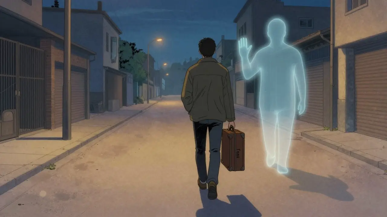 Osoba odchází ulicí s kufrářem &#039;Nástroje&#039;, za ní průhledný stín terapeuta vzdává hold.