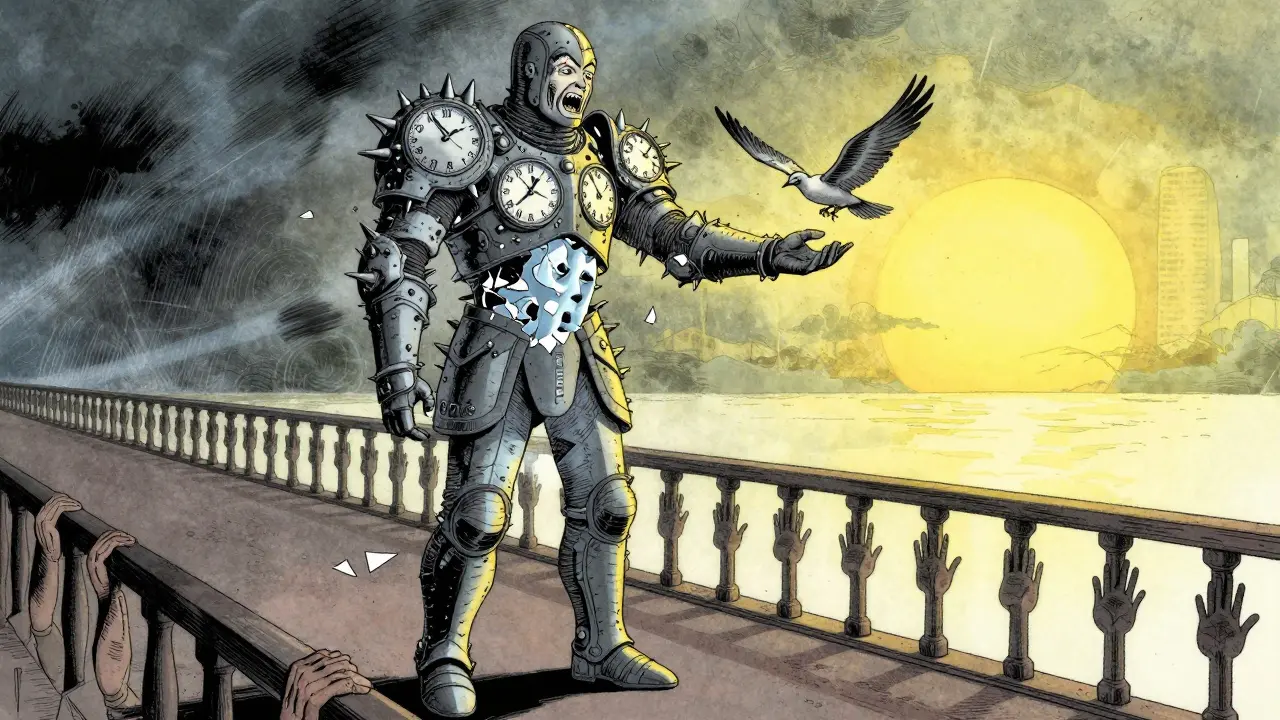 Osoba odhazuje těžkou brnění z traumatu a přechází do klidné budoucnosti pod dohledem podpory.