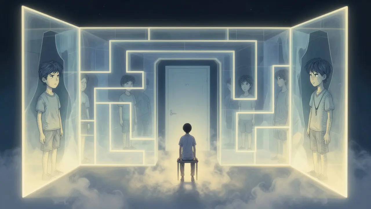 Osoba sama v terapeutické labyrintové místnosti s odrazem svých různých vnitřních verzí.