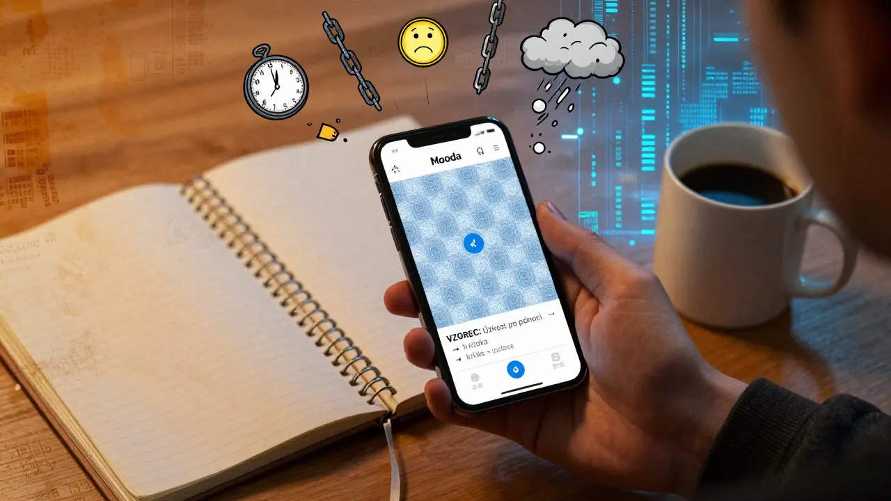 Osoba sleduje analytický výstup aplikace na telefonu, vedle ní leží papírový deník.