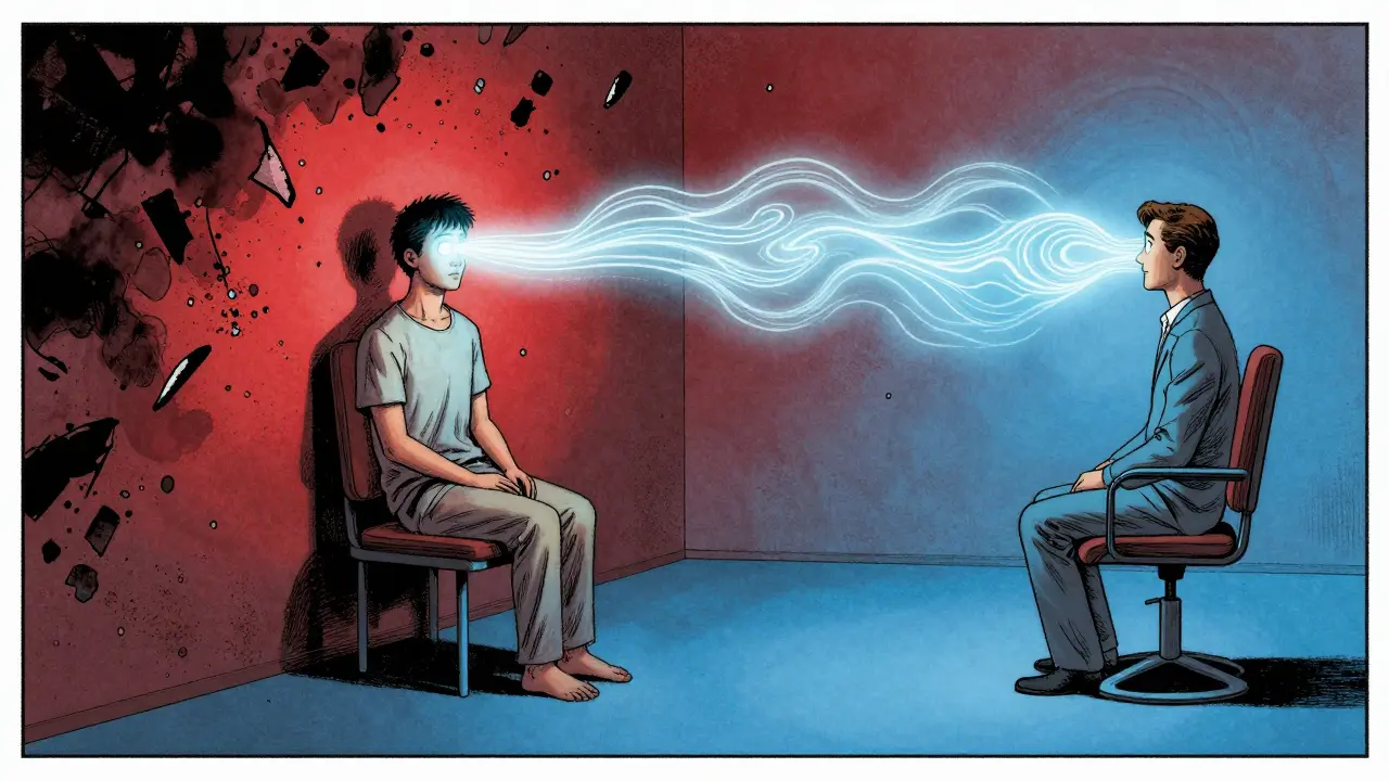 Pacient v terapii EMDR, kde pohyby očí mění traumatické vzpomínky na jemné, měnící se barvy.