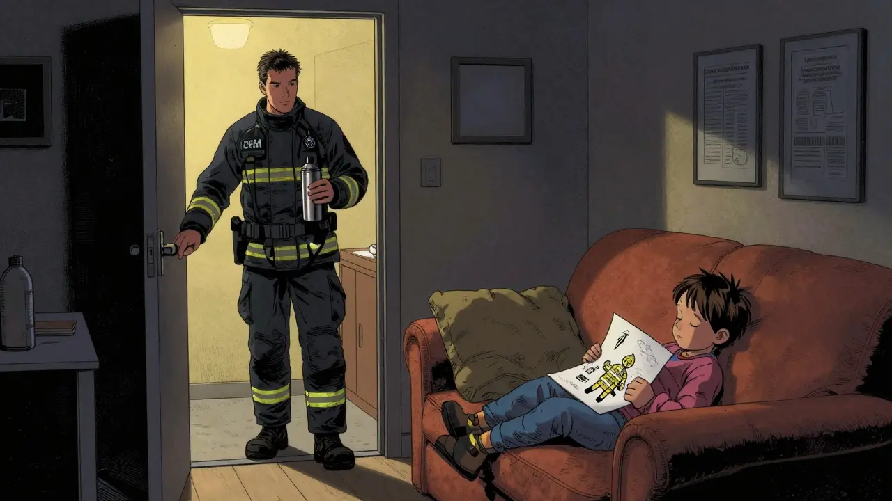Paramedik se vrací domů, jeho dítě spí s kresbou, za ním stojí člen týmu CISM.