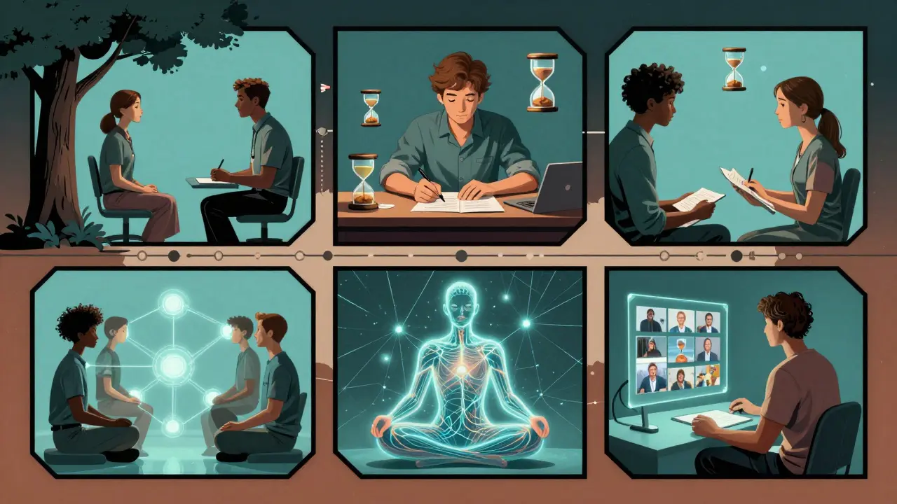 Pět studentů psychoterapie v různých fázích výuky, každý v jiném panelu.